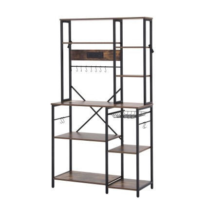 Artiss 96cm x 170cm Kitchen Rack with 2 Power Outlets 12 Hooks Pull Out Basket Microwave Shelf Black Brown