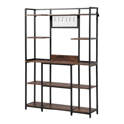 Artiss Kitchen Rack 120cm x 170cm Black Brown Metal Frame Microwave Shelf with 6 Hooks 20kg Capacity