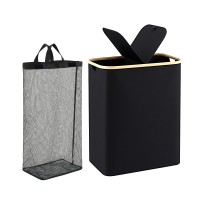 Artiss 2-Section 150L Laundry Basket Foldable with Removable Mesh Bags Bamboo Rim Black Upgraded Fibreglass Rods Upright