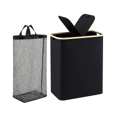 Artiss 2-Section 150L Laundry Basket Foldable with Removable Mesh Bags Bamboo Rim Black Upgraded Fibreglass Rods Upright