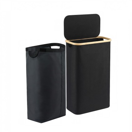 Artiss 60L Foldable Laundry Basket Black with Removable Mesh Bag Bamboo Rim and Fibreglass Support Rods