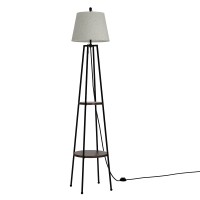 Artiss Floor Lamp with 2-Tier MDF Shelf, Linen Shade, Black Finish, 168cm, Modern LED Stand for Living Room Bedroom