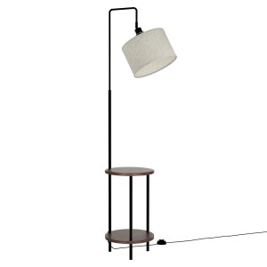 Artiss Shelf Floor Lamp 2-Tier Storage Stand, Adjustable Head, MDF & Metal, Linen Shade, 163cm, Black/Walnut