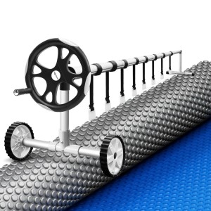 Aquabuddy 600 Micron Solar Pool Cover & Roller Set, 10.5x4.2m LDPE, Adjustable Aluminium Roller, Blue Bubble Design