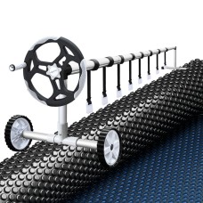 Aquabuddy 600 Micron Pool Cover & Roller Set 8.5x4.2m, Black Solar Blanket, Aluminium Roller, UV Resistant