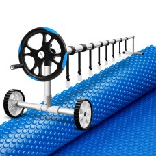 Aquabuddy 600 Micron Solar Pool Cover & Aluminium Roller Set, 9.5x5m Blanket, Adjustable to 5.55m Width, Blue