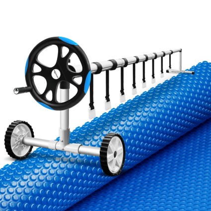 Aqua Buddy 600 Micron Solar Pool Cover & Aluminium Roller Set, 9.5x5m Blanket, Adjustable to 5.55m Width, Blue