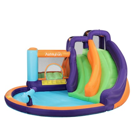 AirMyFun Inflatable Water Park: PVC Castle with Double Slide, Climbing Wall & Water Cannon, 430x400x230cm, Ages 3+