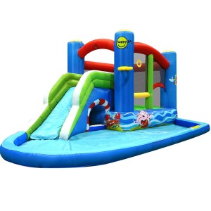 Happy Hop Inflatable Water Slide Jumping Trampoline Castle, 4.8m PVC Kids Bouncer with Climbing Wall & Water Cannon