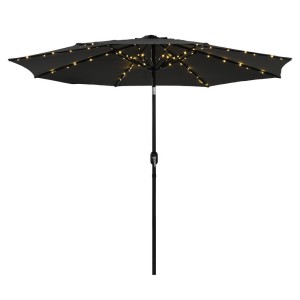 Instahut 2.9m Outdoor Market Umbrella with LED String Lights, Black Polyester Canopy, Adjustable Tilt, Steel Frame