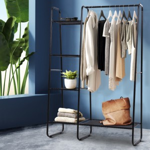 Artiss 150cm Metal Wardrobe Clothes Rack with 5 Storage Shelves, Anti-Slip Bar, Sturdy Powder-Coated Frame - Black