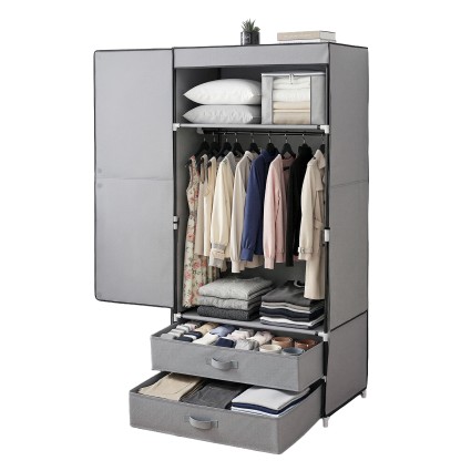 Artiss Large Portable Clothes Closet Wardrobe Grey Magnetic Door Powder Coated Metal Frame 1 Rod 2 Drawers