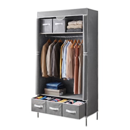 Artiss Large Grey Portable Clothes Wardrobe 90x45x170cm with 3 Drawers Tiebacks Breathable Cover Sturdy Frame