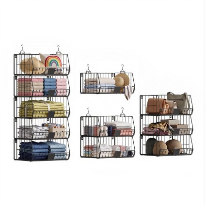 Artiss 5 Tier Stackable Closet Organiser Hanging Shelves with Wire Storage Bins Modular Iron 40x30x110cm