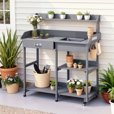 Gardeon Outdoor Potting Bench Table Storage Cabinet Grey 105cm Solid Cedar with Sink, Hooks, Wheels, Drawers & Shelves