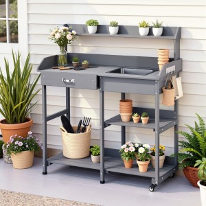 Gardeon Outdoor Potting Bench Table Storage Cabinet Grey 105cm Solid Cedar with Sink, Hooks, Wheels, Drawers & Shelves