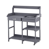 Gardeon Outdoor Potting Bench Table Storage Cabinet Grey 105cm Solid Cedar with Sink, Hooks, Wheels, Drawers &amp; Shelves
