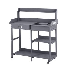 Gardeon Outdoor Potting Bench Table Storage Cabinet Grey 105cm Solid Cedar with Sink, Hooks, Wheels, Drawers &amp; Shelves