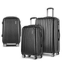 Wanderlite Luggage Set 3pc, ABS Hardcase, 20" 24" 28" Suitcase, Black, Lightweight, Secure Travel Trolley Spinner