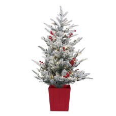 Jingle Jollys 1M LED Potted Christmas Tree with Flocked Leaves & Red Berries - Easy Setup, Perfect for Small Spaces