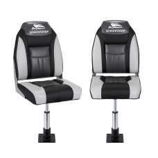 Seamanship 2× Folding Boat Seats 2× Adjustable 34–46cm Swivel Pedestals High Back Grey/Black 2‑Pack 180kg