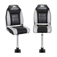 Seamanship 2X Folding Boat Seats with 2 Adjustable 55–75cm Gas Lift Swivel Pedestals High Back Grey Black