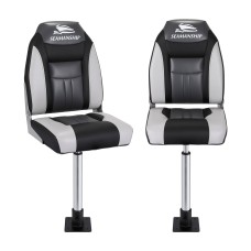 Seamanship 2X Folding Boat Seats with 2 Adjustable 55–75cm Gas Lift Swivel Pedestals High Back Grey Black