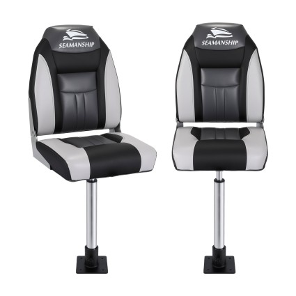 Seamanship 2X Folding Boat Seats with 2 Adjustable 55–75cm Gas Lift Swivel Pedestals High Back Grey Black