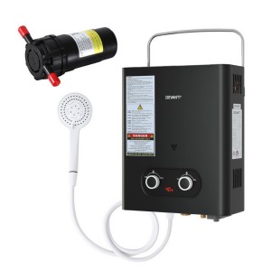 Devanti Portable LPG Gas Water Heater with Pump, Black – Outdoor Shower System, Adjustable Temp, LED Display, 60°C Max