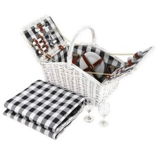 Alfresco 2 Person Picnic Basket Set, Willow & Faux Leather, 36x22x38cm, White, Insulated Blanket, Outdoor Essentials