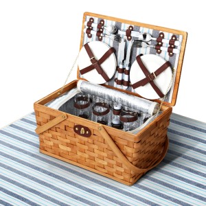 Alfresco 4-Person Picnic Basket Set, Wood & Faux Leather, Blue, 45.8cm, Insulated Bag & Blanket, Outdoor Family Fun