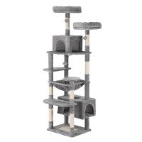 i.Pet 184cm Cat Tree Tower Condo - Light Grey Plush Velvet, Sisal Posts, Multi-Level with Perches & Hanging Ball