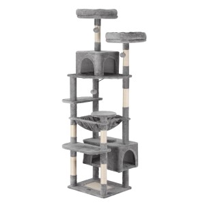 i.Pet 184cm Cat Tree Tower Condo - Light Grey Plush Velvet, Sisal Posts, Multi-Level with Perches & Hanging Ball