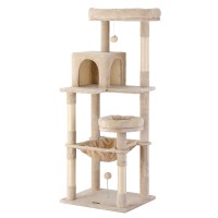 i.Pet 143cm Cat Tree Tower in Beige - Plush Velvet, Sisal Posts, Multi-Level Condo with Toys for Scratching & Lounging