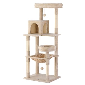 i.Pet 143cm Cat Tree Tower in Beige - Plush Velvet, Sisal Posts, Multi-Level Condo with Toys for Scratching & Lounging