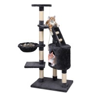 i.Pet 120cm Cat Tree Tower - Dark Grey Wood Condo with Sisal Scratching Posts, Plush Velvet, Ladder & Hammock