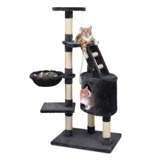 i.Pet 120cm Cat Tree Tower - Dark Grey Wood Condo with Sisal Scratching Posts, Plush Velvet, Ladder & Hammock