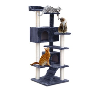 i.Pet 134cm Cat Tree Tower – Grey/Natural, Plush Velvet & Sisal, Multi-Level Condo with Bed, Scratching Post & Ladder