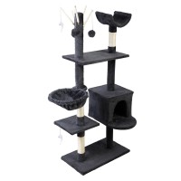 i.Pet 140cm Multi-Level Cat Tree with Sisal Poles, Plush Velvet Cover, Hammock, Bed Cube & Toys in Dark Grey