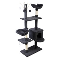 i.Pet 140cm Multi-Level Cat Tree with Sisal Poles, Plush Velvet Cover, Hammock, Bed Cube & Toys in Dark Grey
