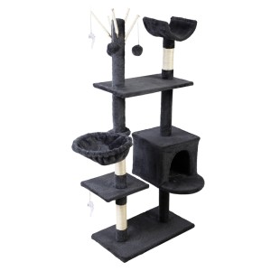 i.Pet 140cm Multi-Level Cat Tree with Sisal Poles, Plush Velvet Cover, Hammock, Bed Cube & Toys in Dark Grey