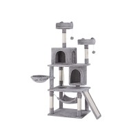i.Pet 161cm Cat Tree Tower in Grey with Plush Velvet, Sisal Posts, Hammock, Cubicles & Stable Wooden Construction