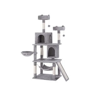 i.Pet 161cm Cat Tree Tower in Grey with Plush Velvet, Sisal Posts, Hammock, Cubicles & Stable Wooden Construction