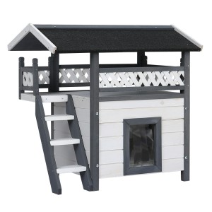 i.Pet Outdoor Cat House & Rabbit Hutch - 2-Level Fir Wood Shelter with Asphalt Roof, 77x50x73cm, Easy Access & Assembly