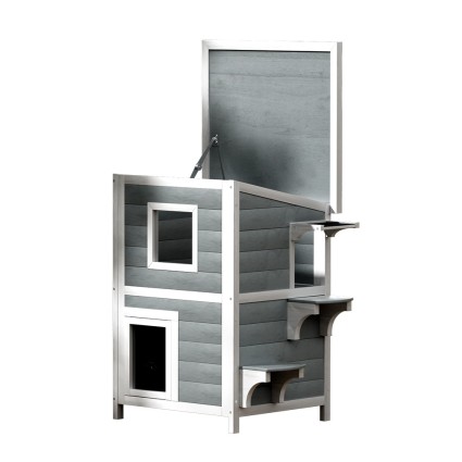 i.Pet Wooden Outdoor Cat House & Rabbit Hutch, 56x52x82cm, Weather-Resistant, Easy-Clean, Multi-Entrance Shelter