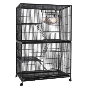i.Pet Rabbit Cage 142cm Hutch - Multi-Level Metal, Anti-Rust, with Platforms, Ladders, Hammock & Wheels, Black