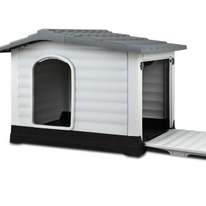 i.Pet Extra Large Outdoor Dog Kennel - Durable Grey Plastic Shelter with Extendable Side, Weatherproof & UV-Resistant