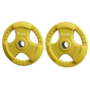 Everfit 20kg Weight Plates Pair Cast Iron Rubber Coated Triple Grip 50.6mm Barbell Dumbbell Yellow Home Gym