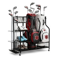 Everfit Black Metal Golf Bag Storage Organiser with Wheels, Fits 2 Bags, Includes 3 Shelves & Club Display Stand