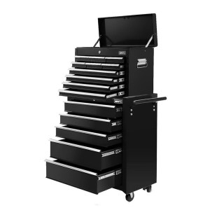 Giantz 15-Drawer Tool Chest Trolley Toolbox 2-in-1 Storage, Steel, Black, Lockable, 360° Castors, Non-Slip Liners